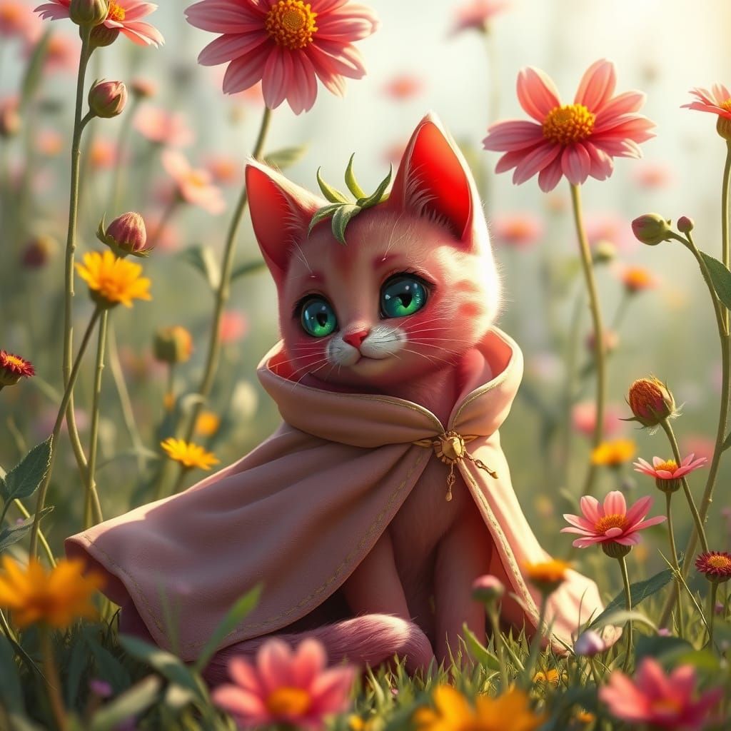 Whimsical Strawberry Cat in a Vibrant Meadow