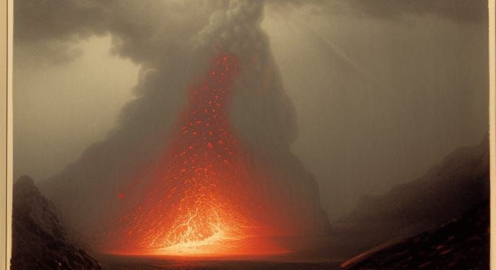 Volcanic Eruption at Night in Engraving Style