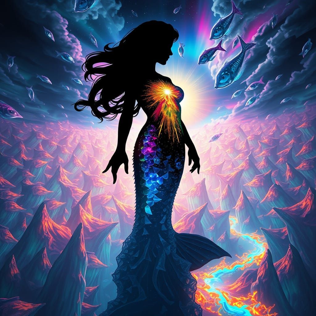 Ethereal Mermaid Goddess in Vibrant Chiaroscuro