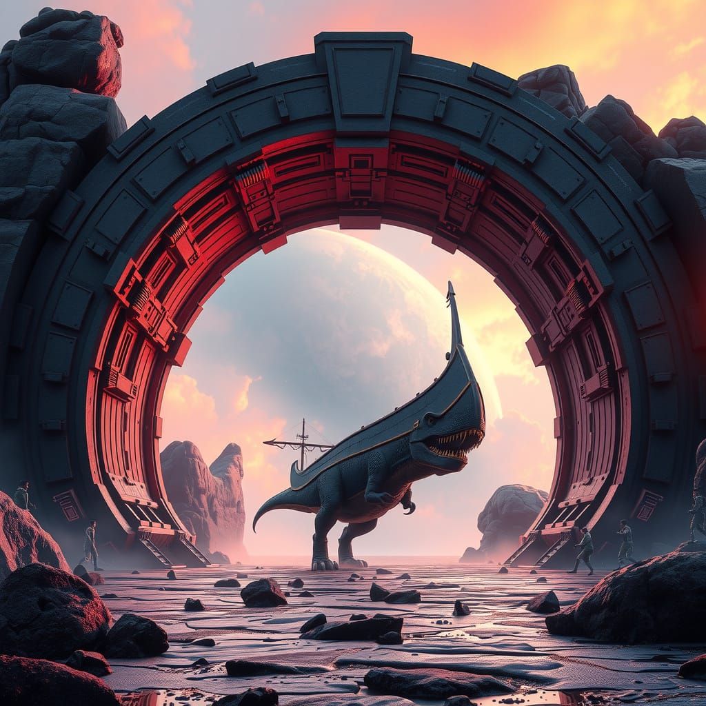 Viking Ship and Dinosaur Through Futuristic Portal