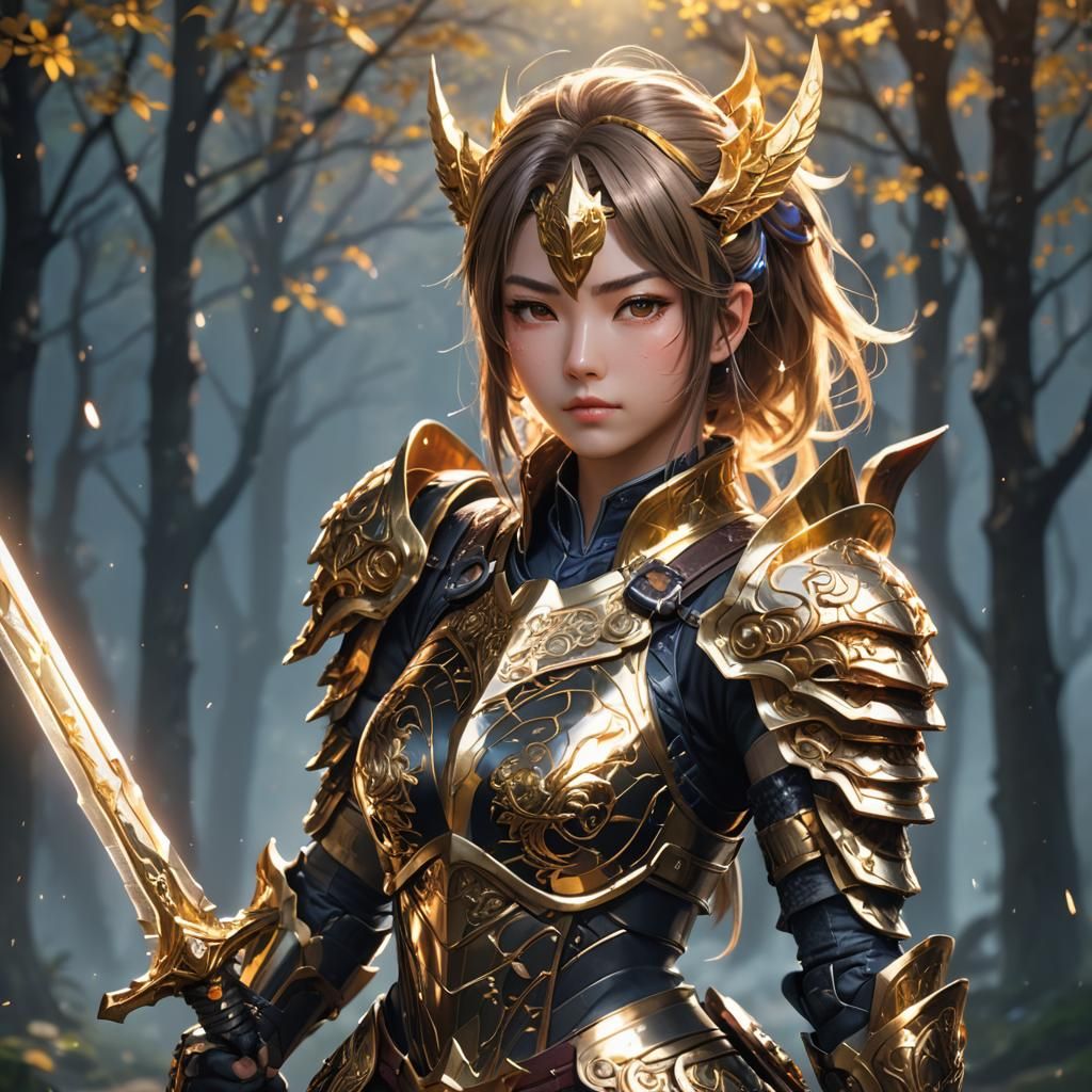 Anime Warrior with Glowing Sword in Detailed Armor