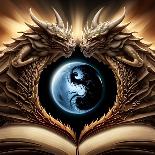 Crystal Yin-Yang Dragons Bursting From Book