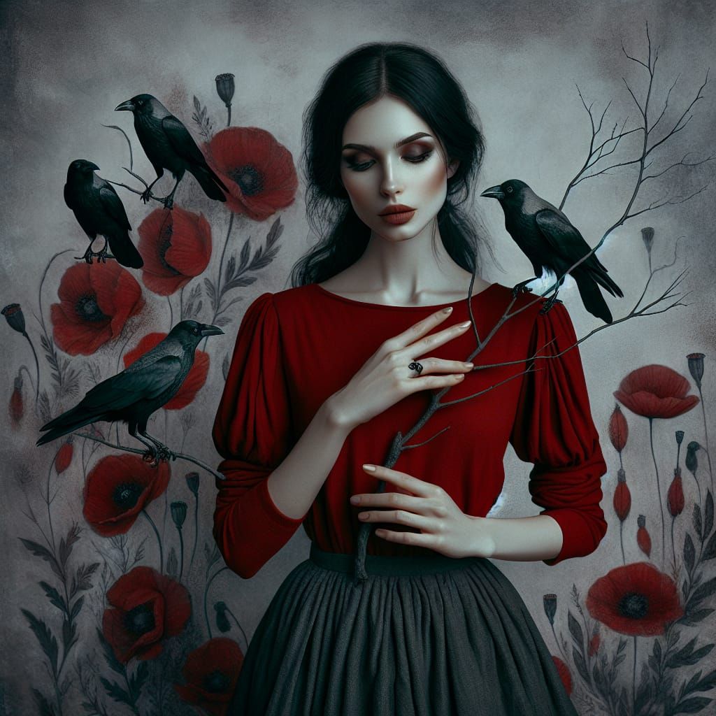 Gothic Woman with Crows and Poppies