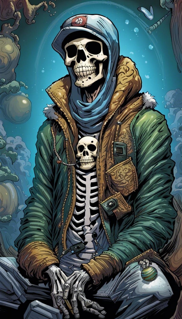 Skeleton in Puffer Jacket Comic Art