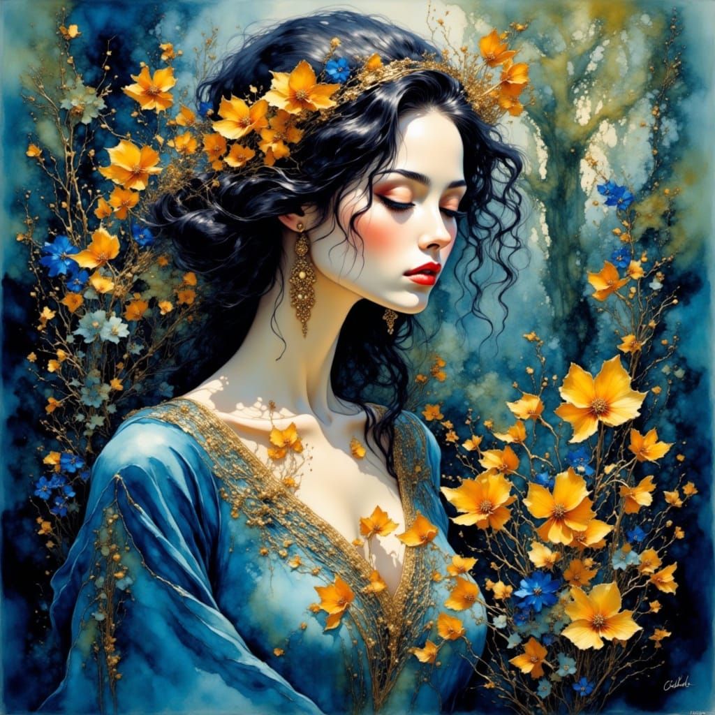 Woman in Forest with Flower, Expressive Watercolor Style