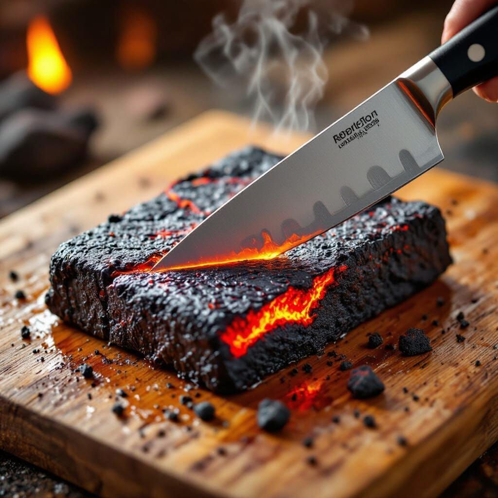 Heated Kitchen Knife Slices Molten Lava