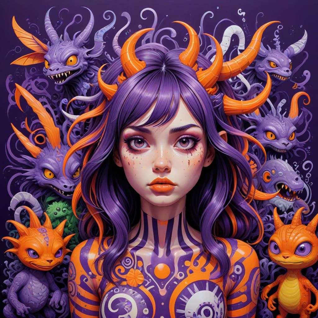 Girl Surrounded by Whimsical Purple and Orange Creatures in ...