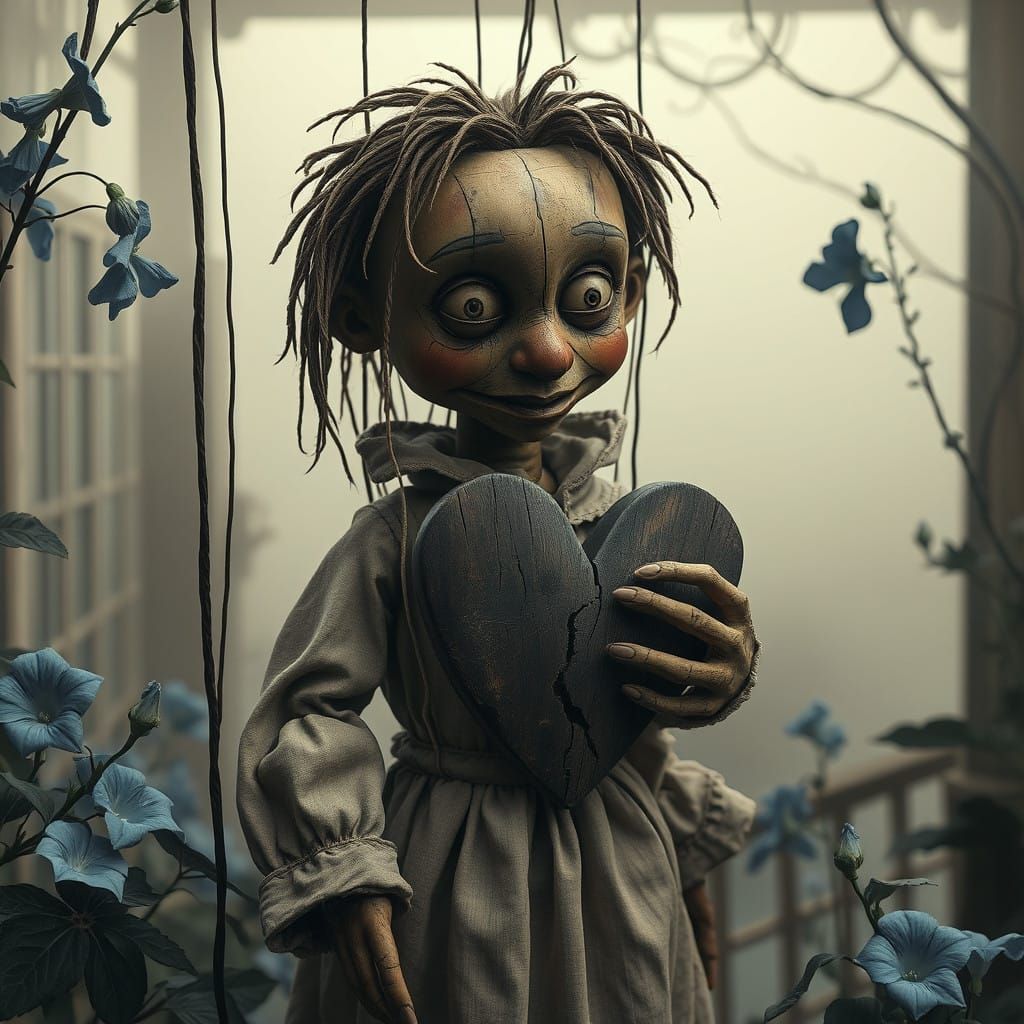 Sepia-Toned Puppet in Whimsical, Foggy Garden Scene with Mor...