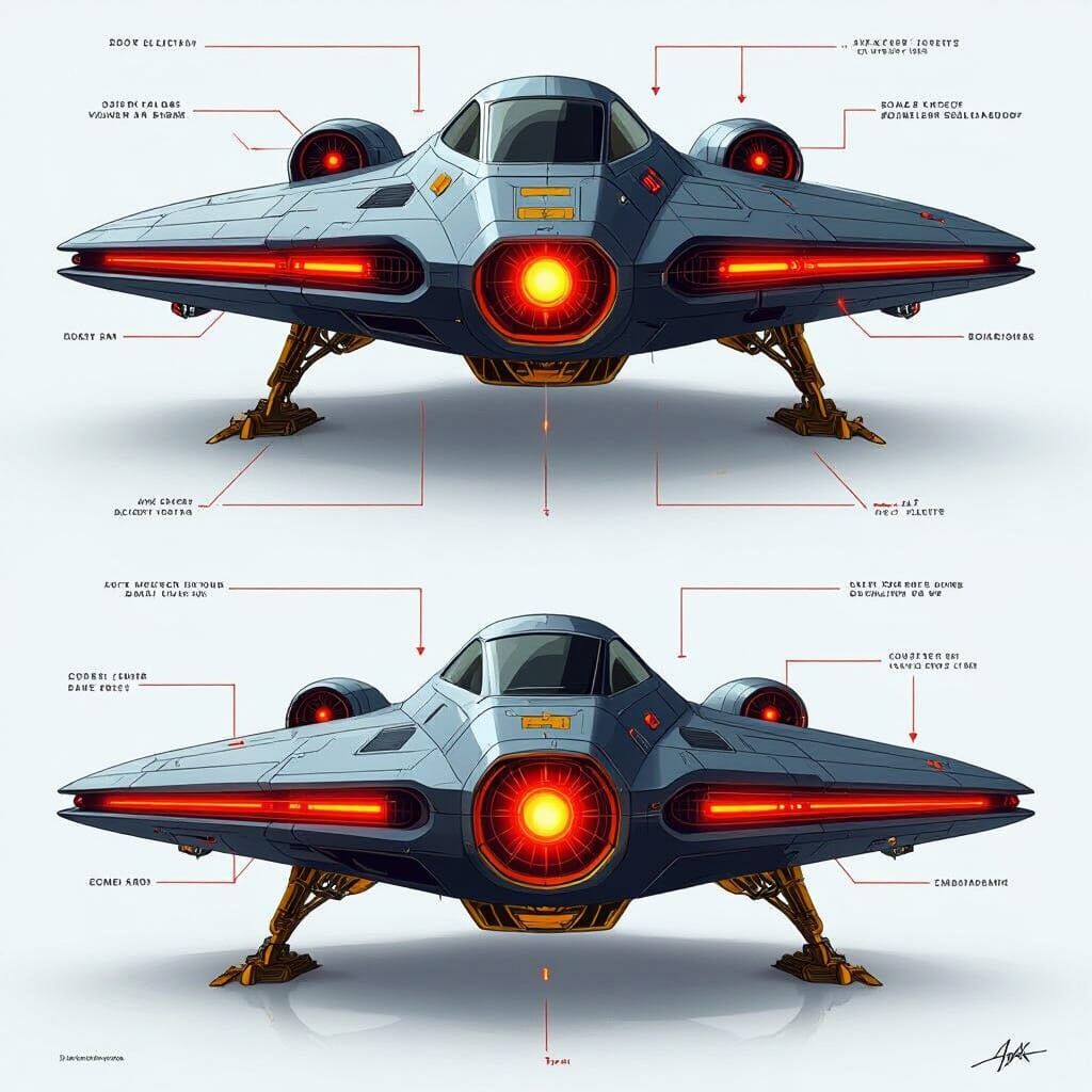 Sleek Spaceship Blueprint with Exploded Views