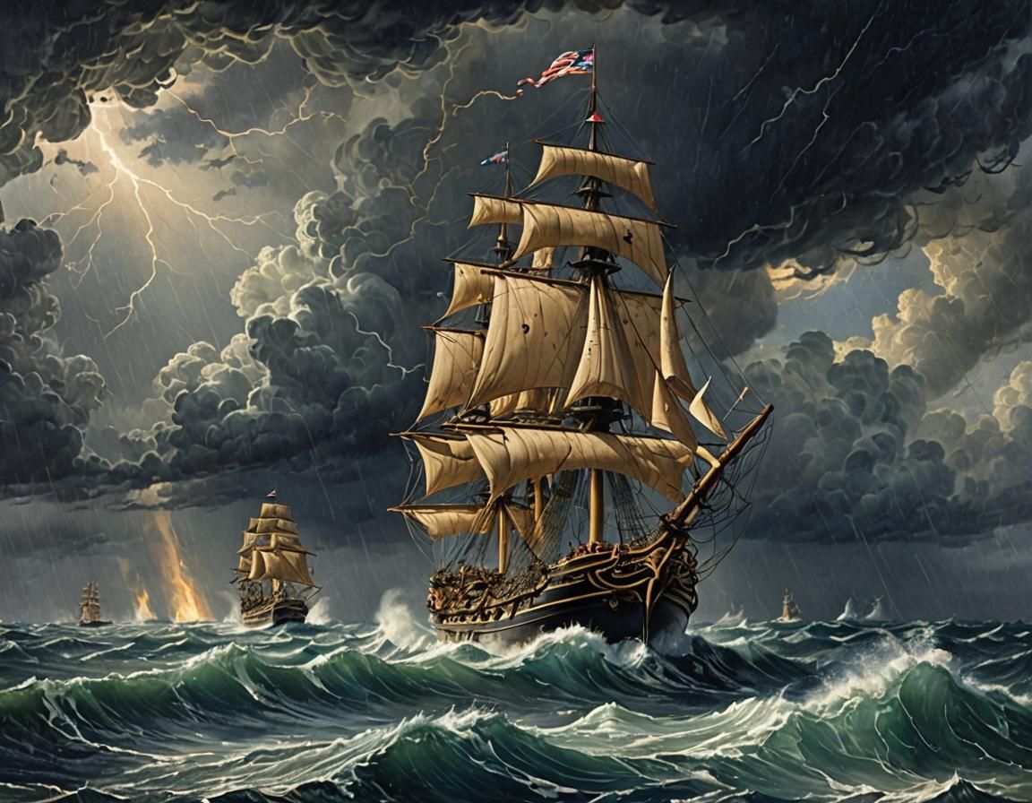 Man-of-War Ship Caught in a Storm