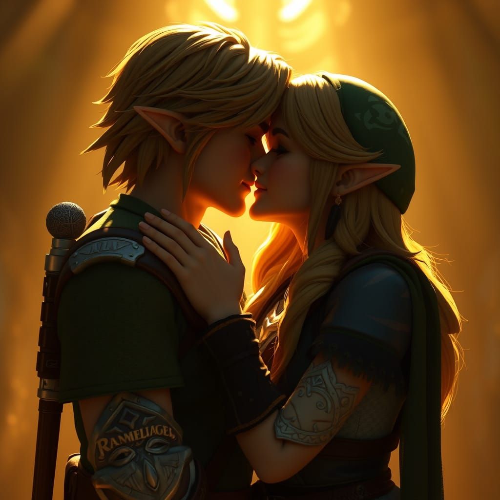 Golden Moment of Zelda and Link in Epic Cinematic Style