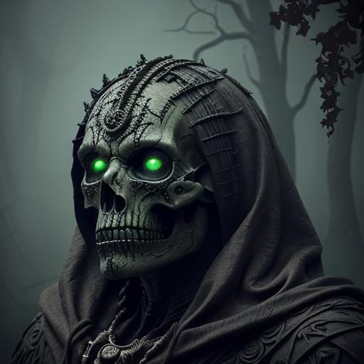 Dark Hooded Figure in Shadow of Twisted Castle