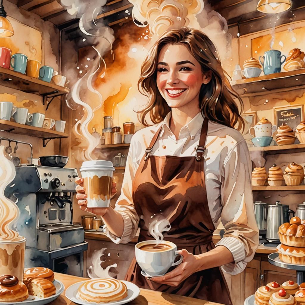 Cheerful Barista in Comic Cartoon Style