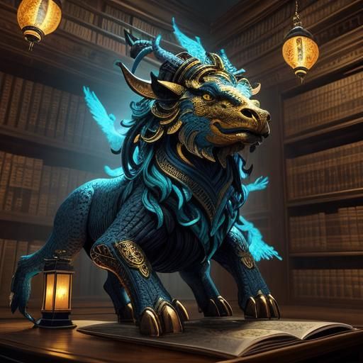 Griffin and Minotaur in Mystical Library