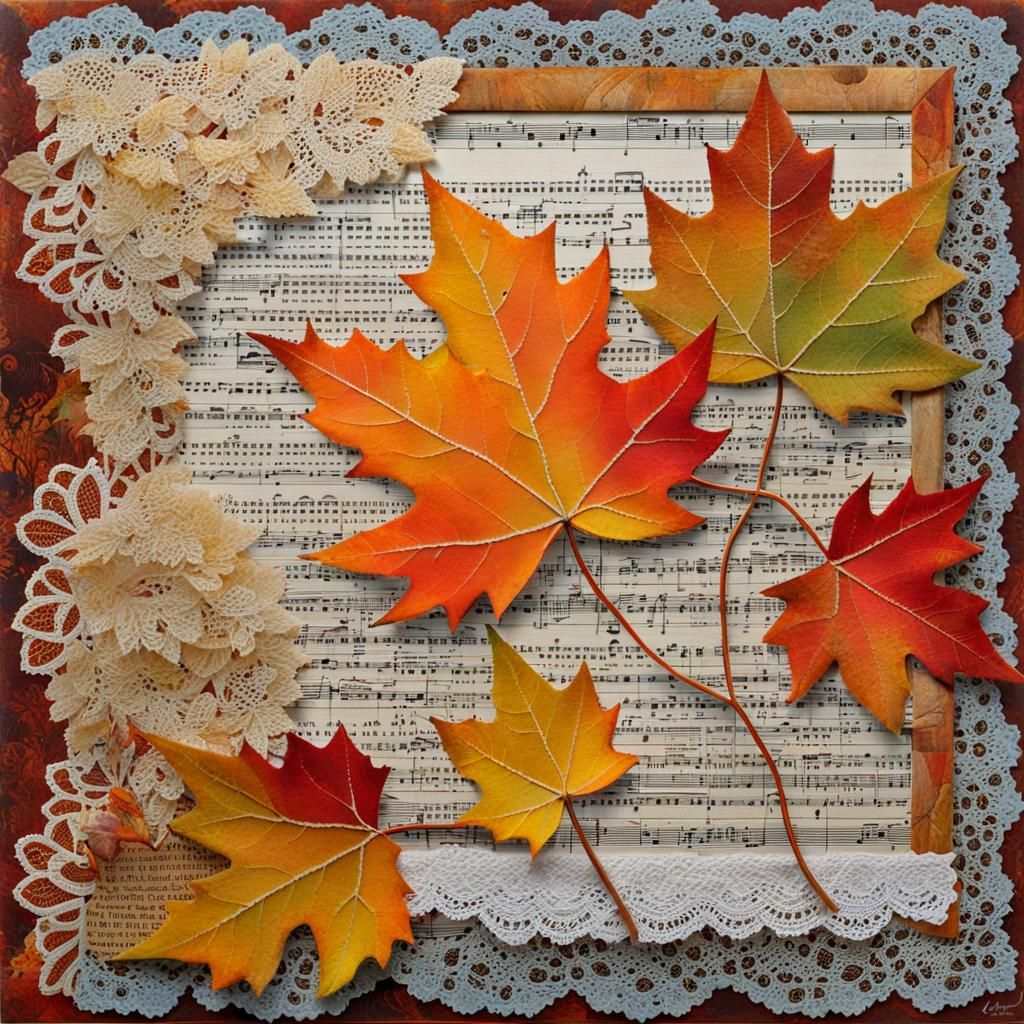 Autumn Leaves Collage Painting with Lace and Paper