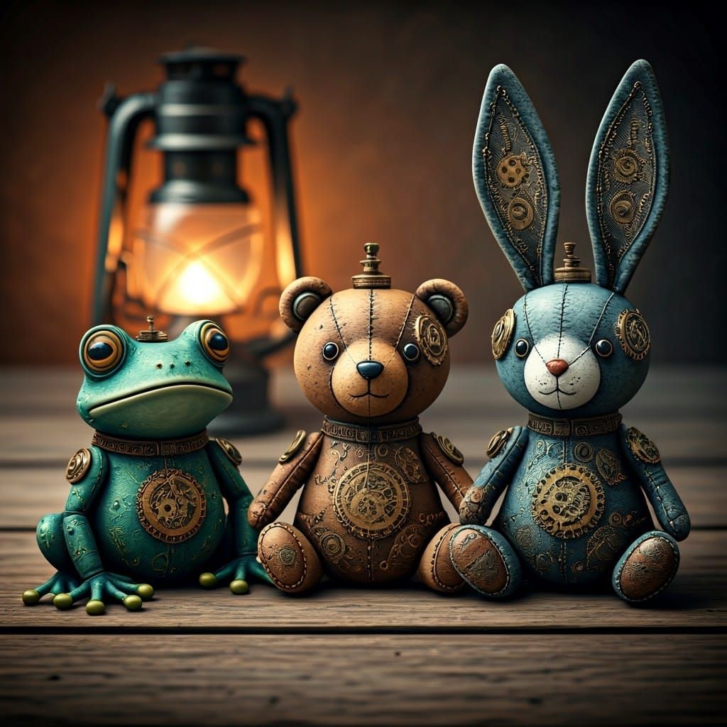 Dieselpunk Plush Toys in Vintage Wood Setting