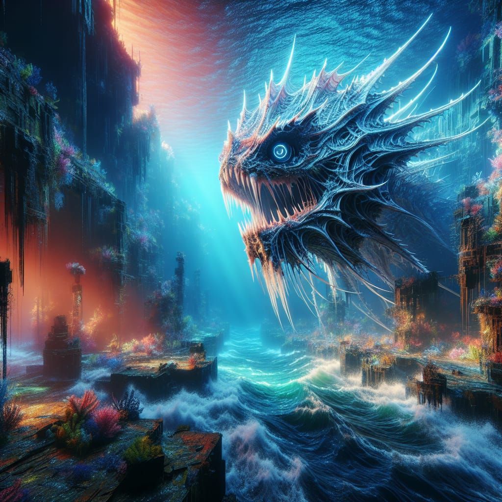 Photorealistic Underwater Ruins in Eerie Lighting