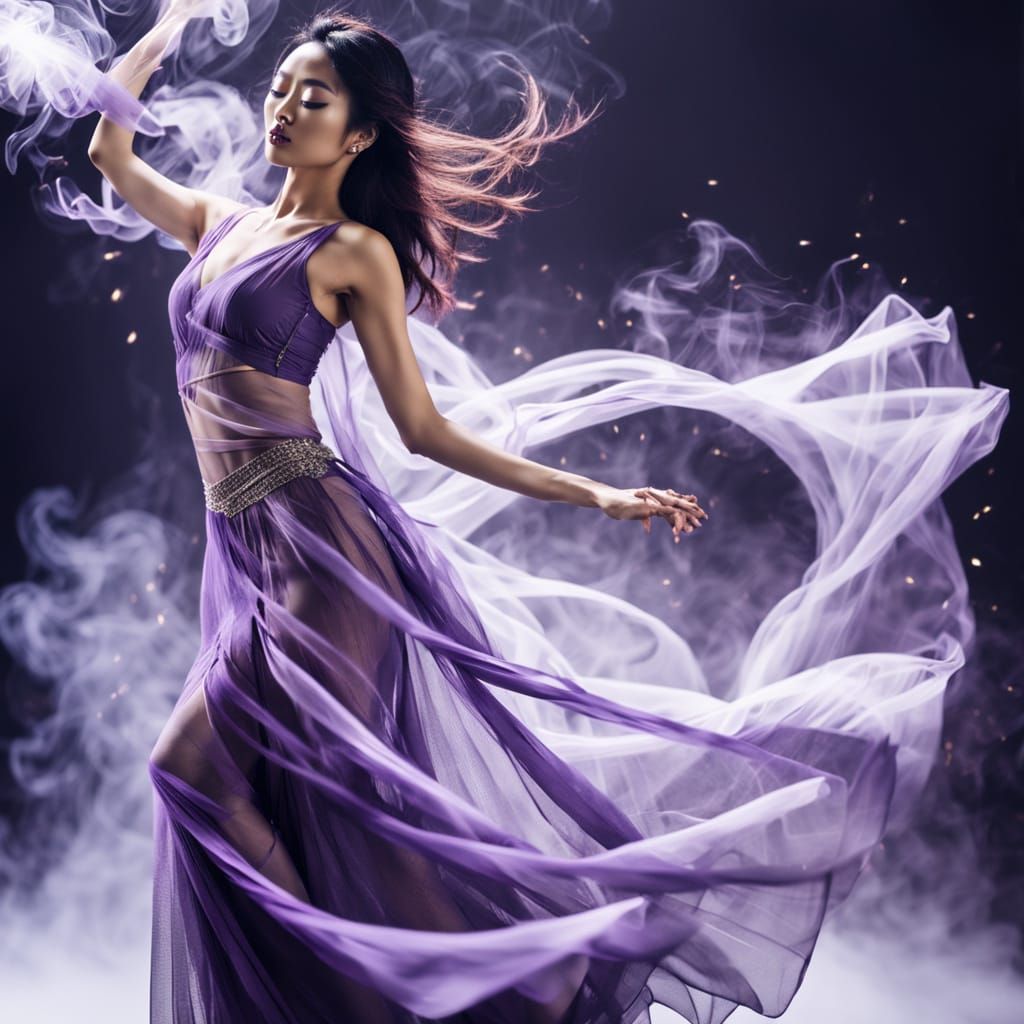 Asian Woman Dancing in Sheer Purple Fabric with Smoke