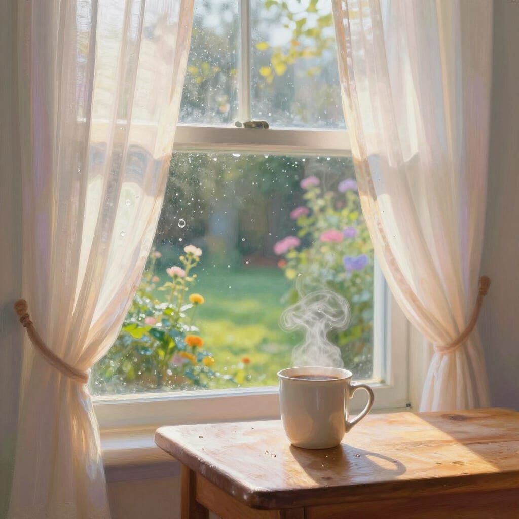 Serene Morning Garden View with Steaming Coffee