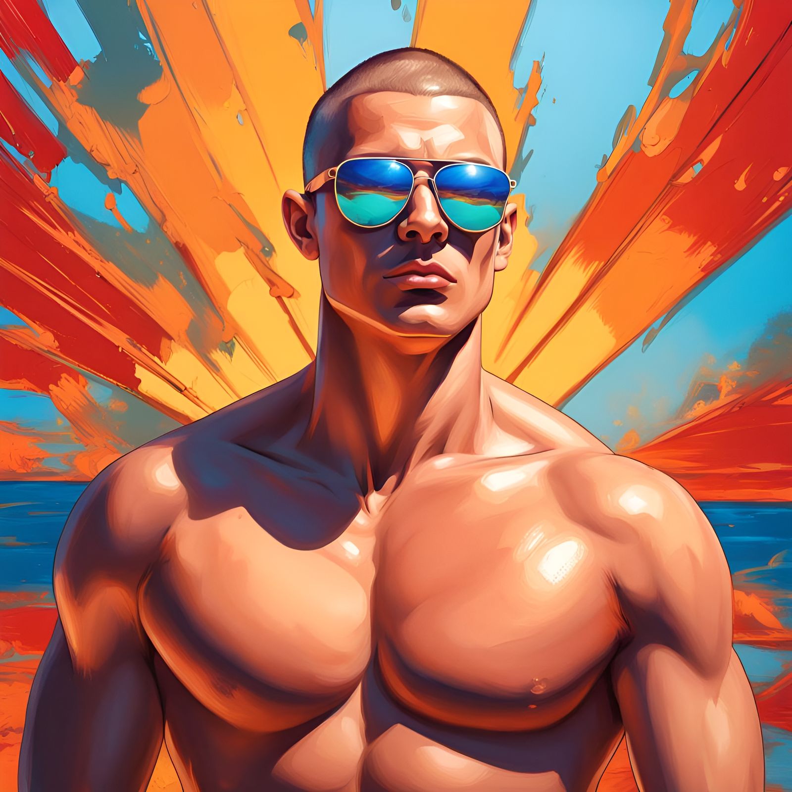 Hyperrealistic Lifeguard with Mirrored Sunglasses Splash Art