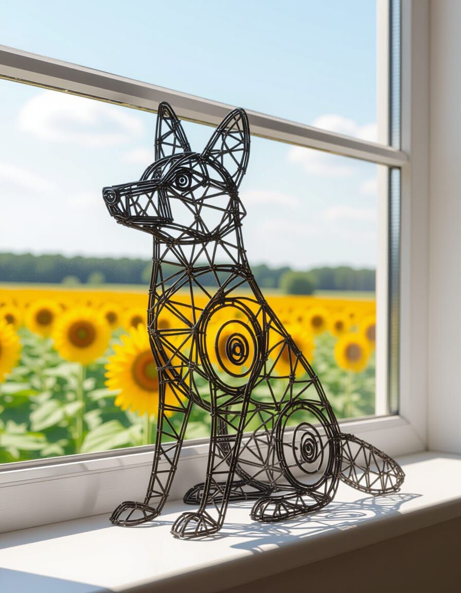 Wire Wolf Figurine Overlooking Sunflower Field: Abstract 3D ...