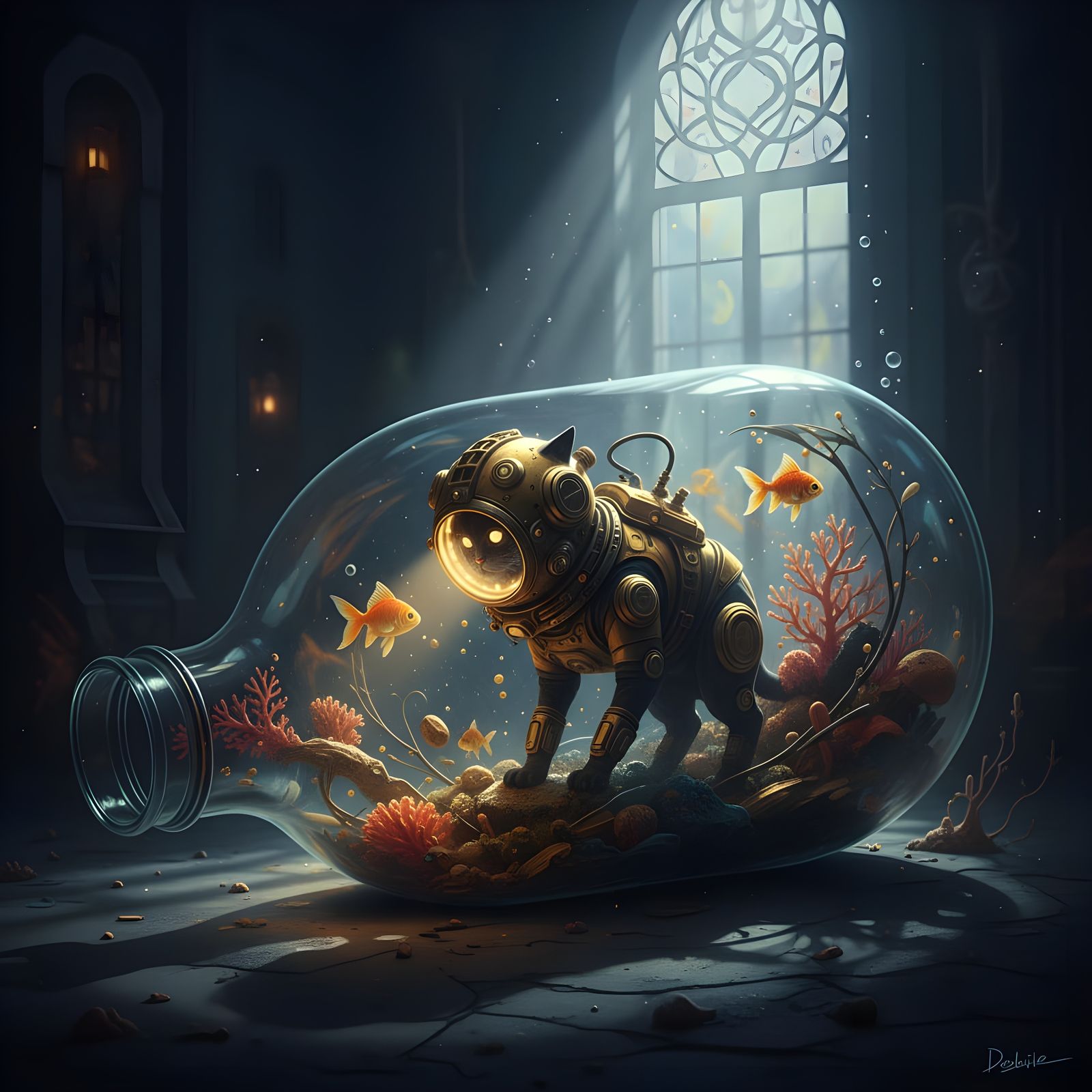 Black Cat Diver Explores Goldfish Bottle in Moonlight