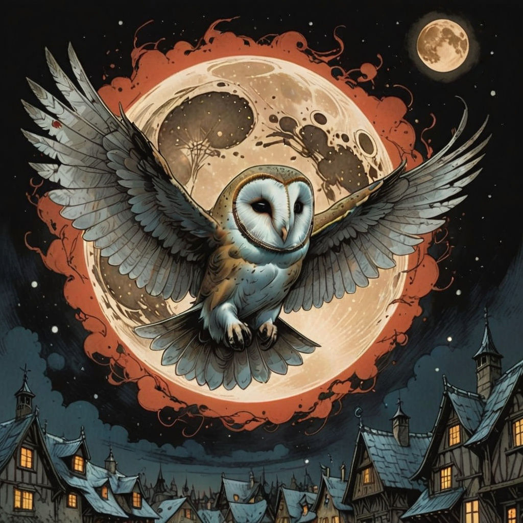 Barn Owl Soaring Under a Blood Moon