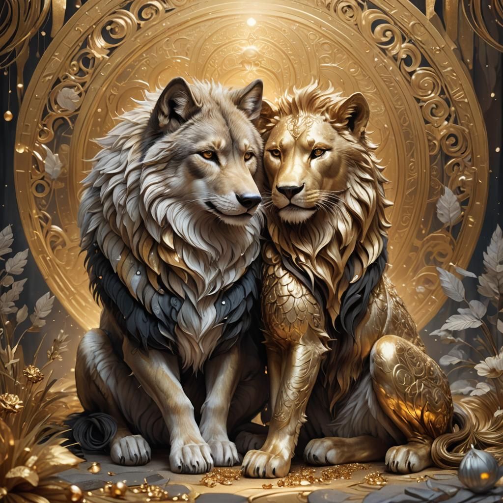 Wolf Hugs Golden Lion: Dreamy Matte Painting