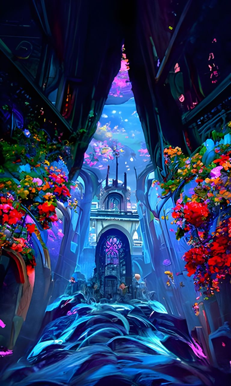 Majestic Blue Landscape with Flowering Trees