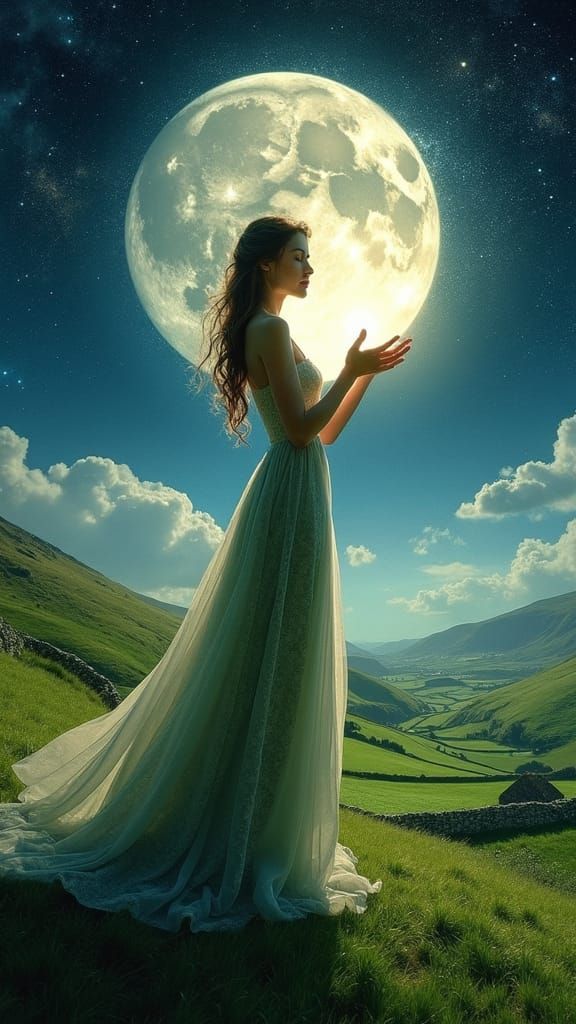 Irish Moon Goddess in Dreamlike Landscape