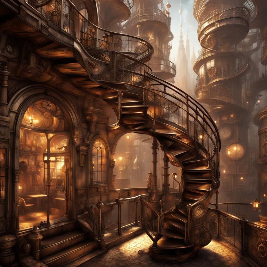 Steampunk Spiral Staircase in Futuristic Cityscape