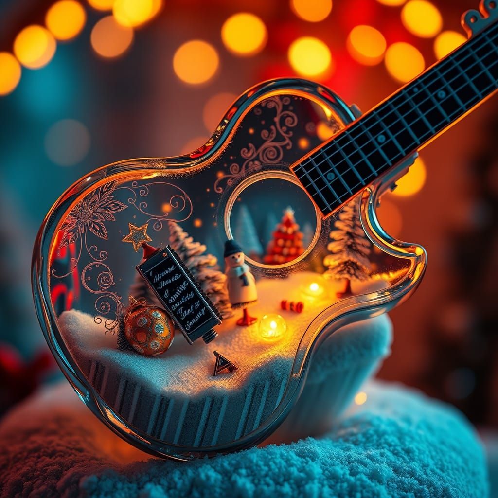 Glass Guitar Christmas Scene in Matte Painting Style