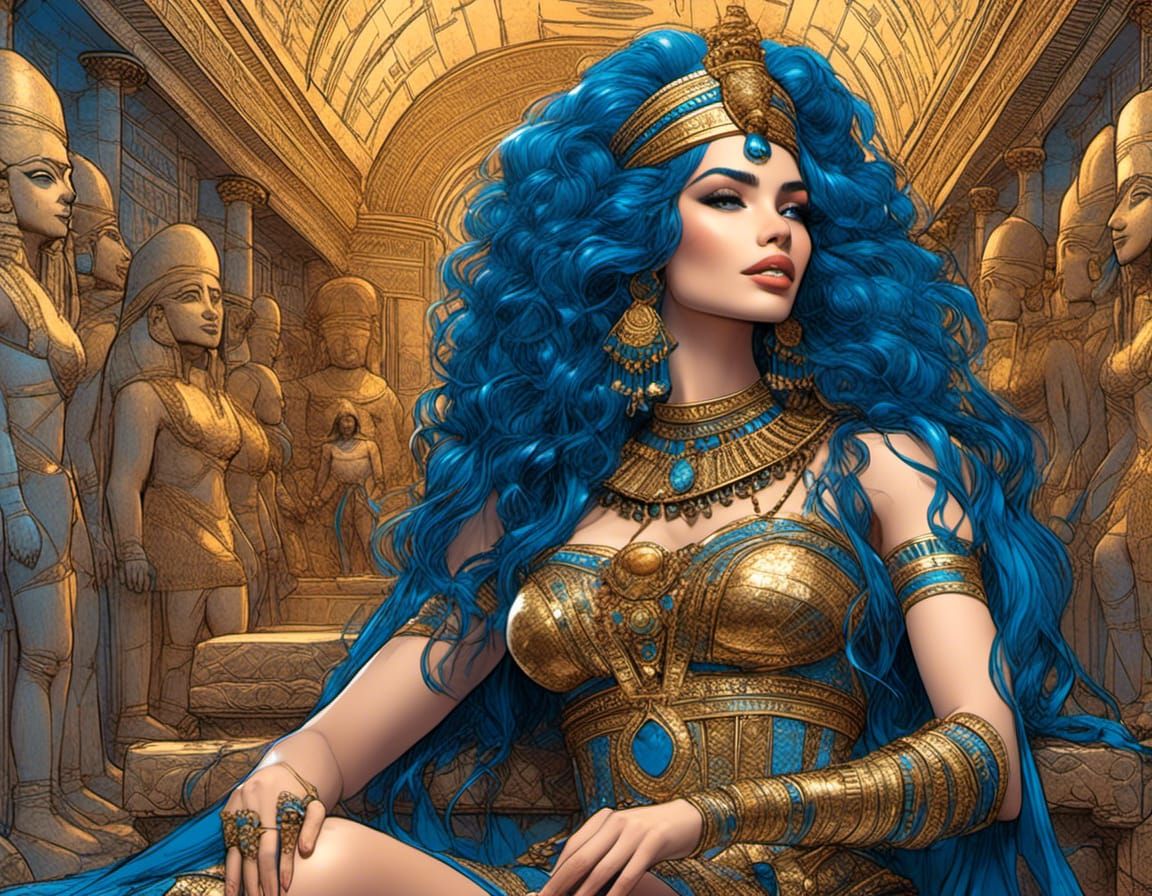 Egyptian Queen with Blue Hair in Graphic Novel Style