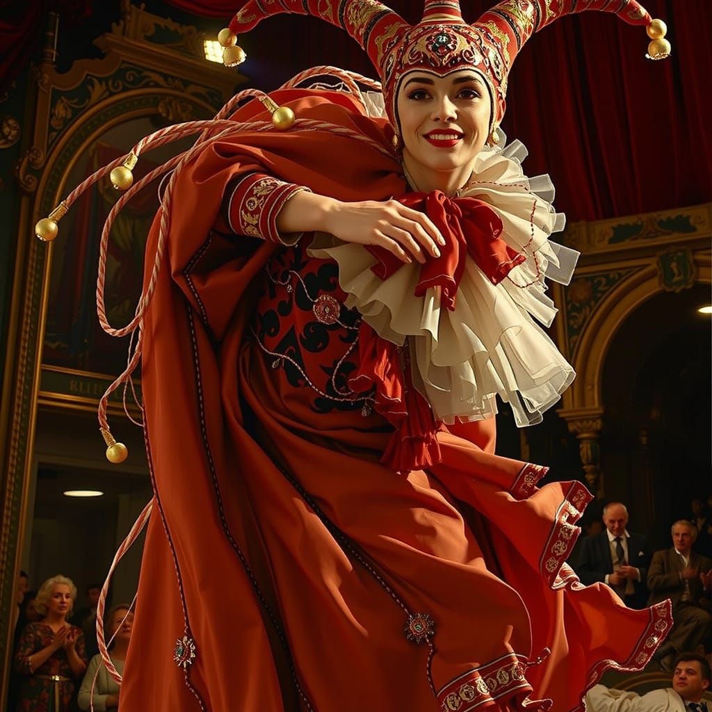 Majestic Harlequin Performance in Dramatic Painterly Style