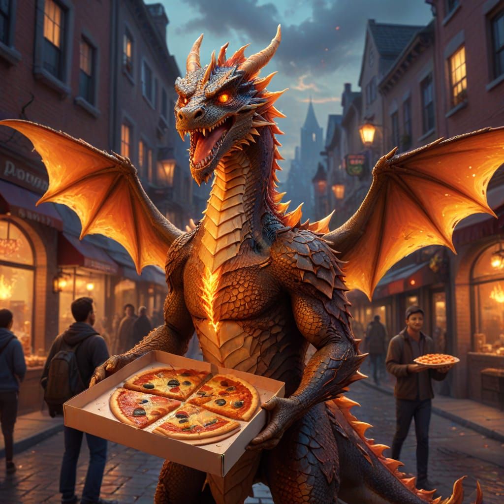 Dragon Pizza Delivery in Cozy City: Fantasy Art