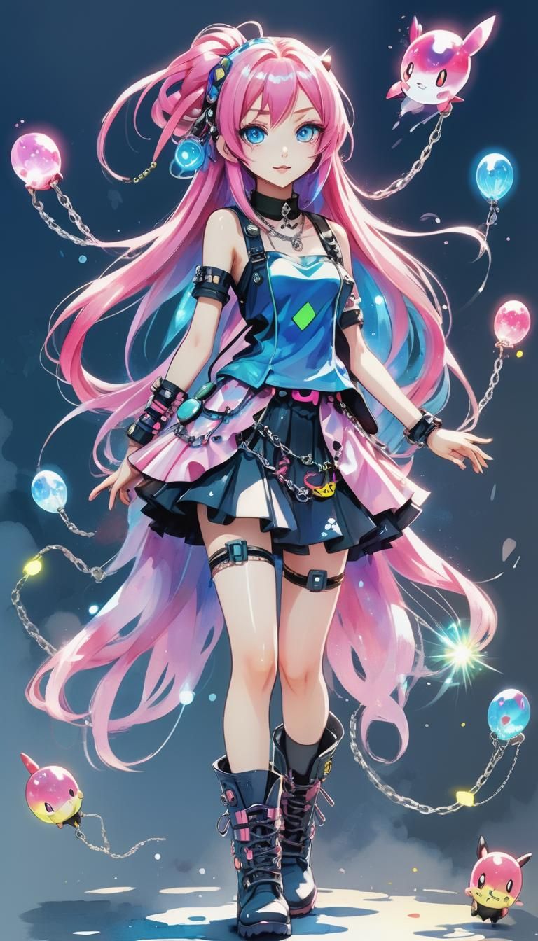 Neon-Punk Anime Girl Portrait in Watercolour Style