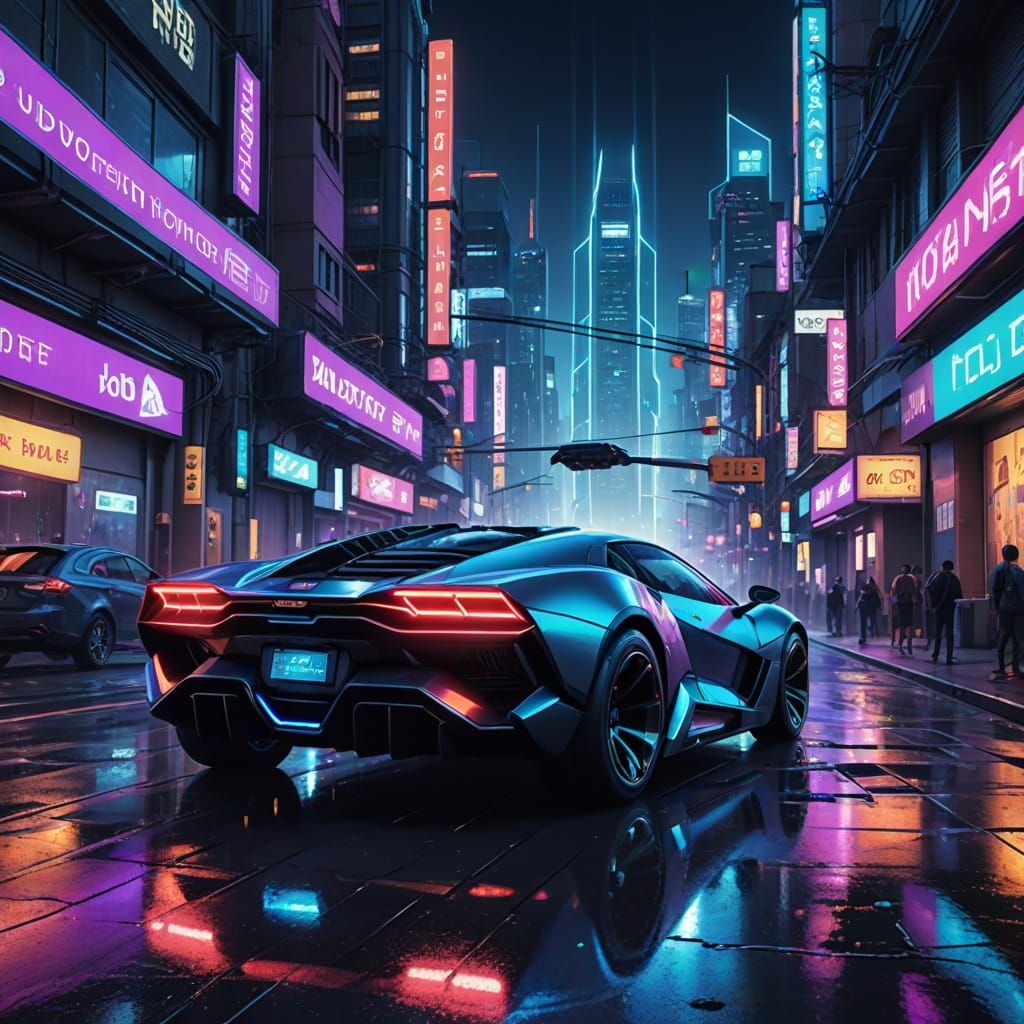 Sleek Hover Car in Neon-Lit Cityscape