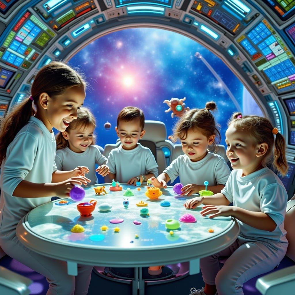 Children Play in Zero Gravity Spaceship Interior