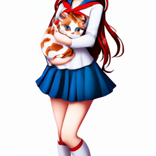 Anime Girl with Kitten in Red Beret