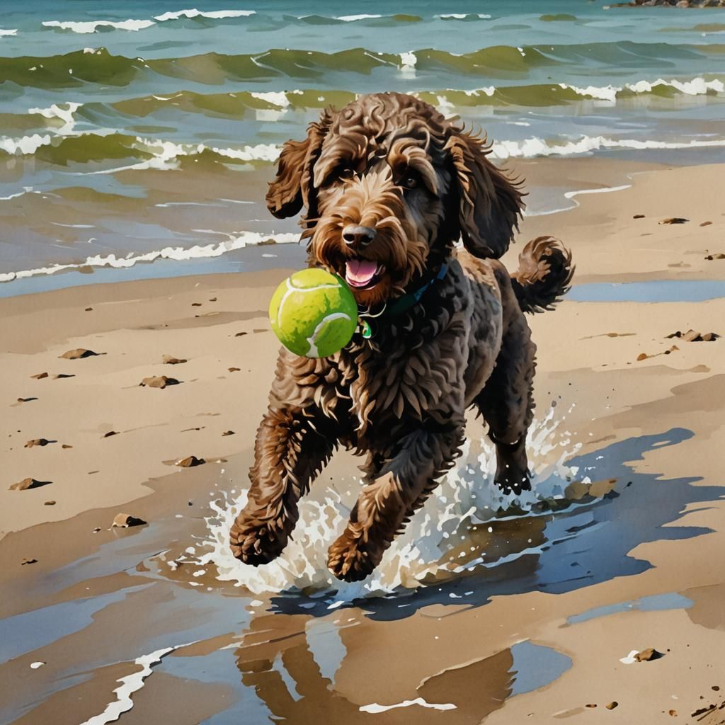 Labradoodle Beach Fun in Gouache Watercolor Style