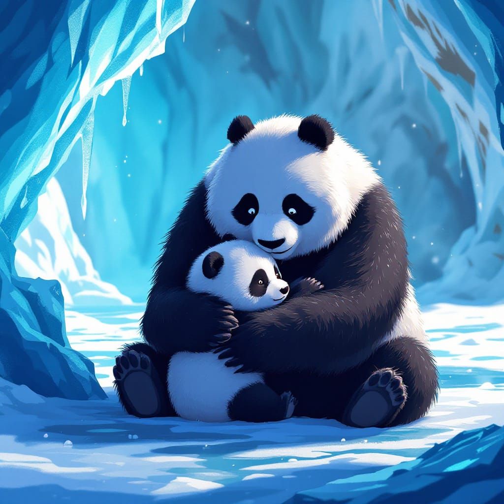 Panda Family's Tender Embrace in Icy Grotto