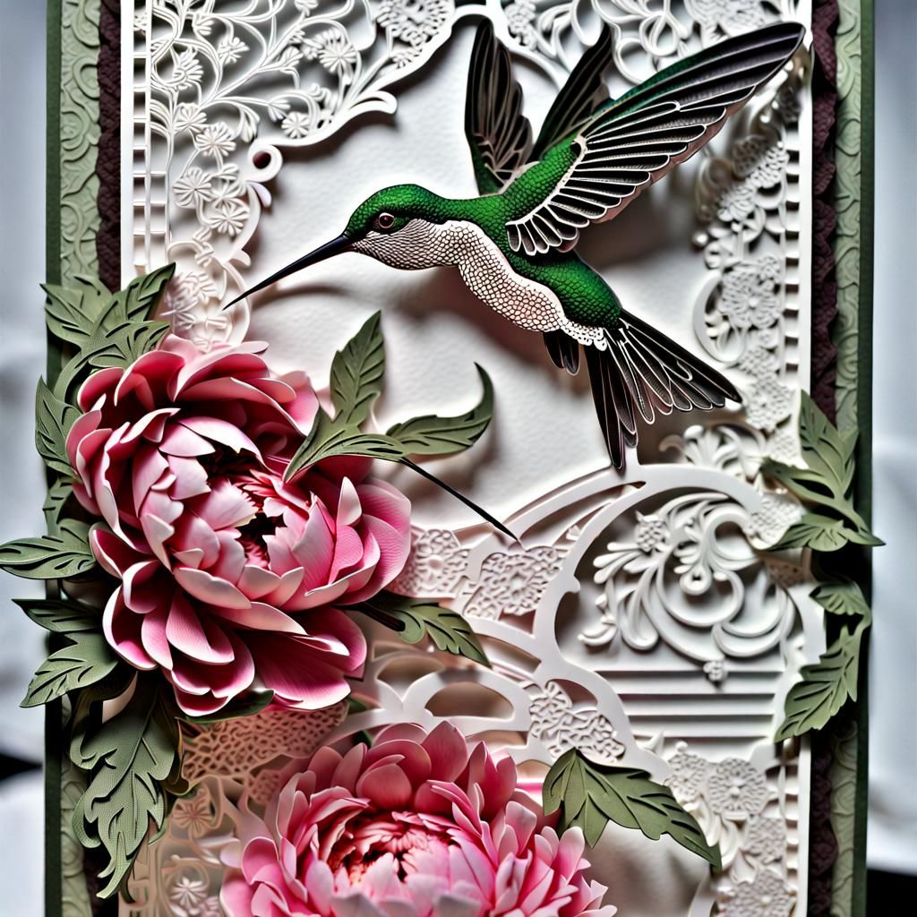 Hummingbirds and Peonies on Lace Card: Hyperrealistic Image