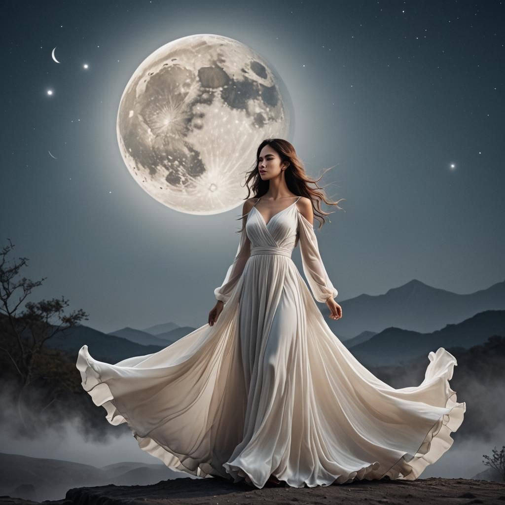 Ethereal Girl in Gown with Moon Background