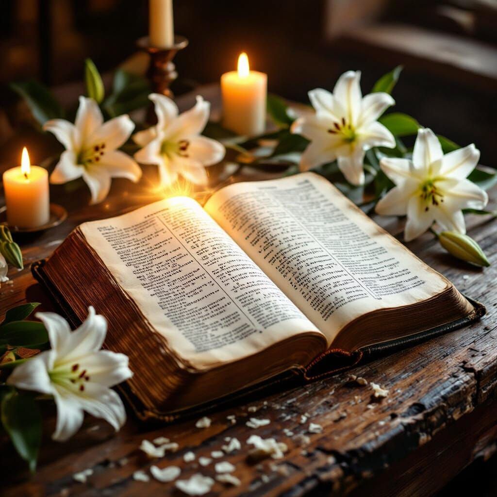 Illuminated Bible with Lilies in Engraving Style