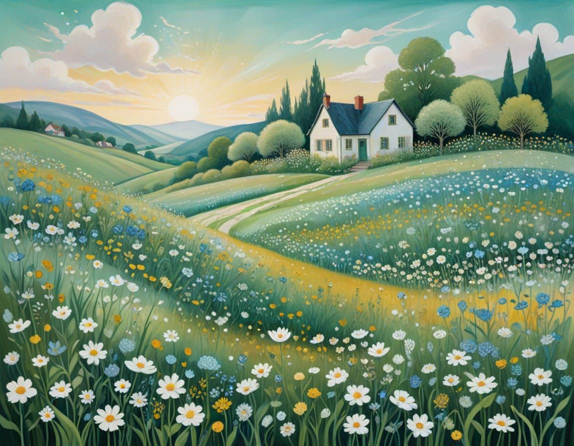 Idyllic Cottagecore Meadow Scene in Spring Sunlight