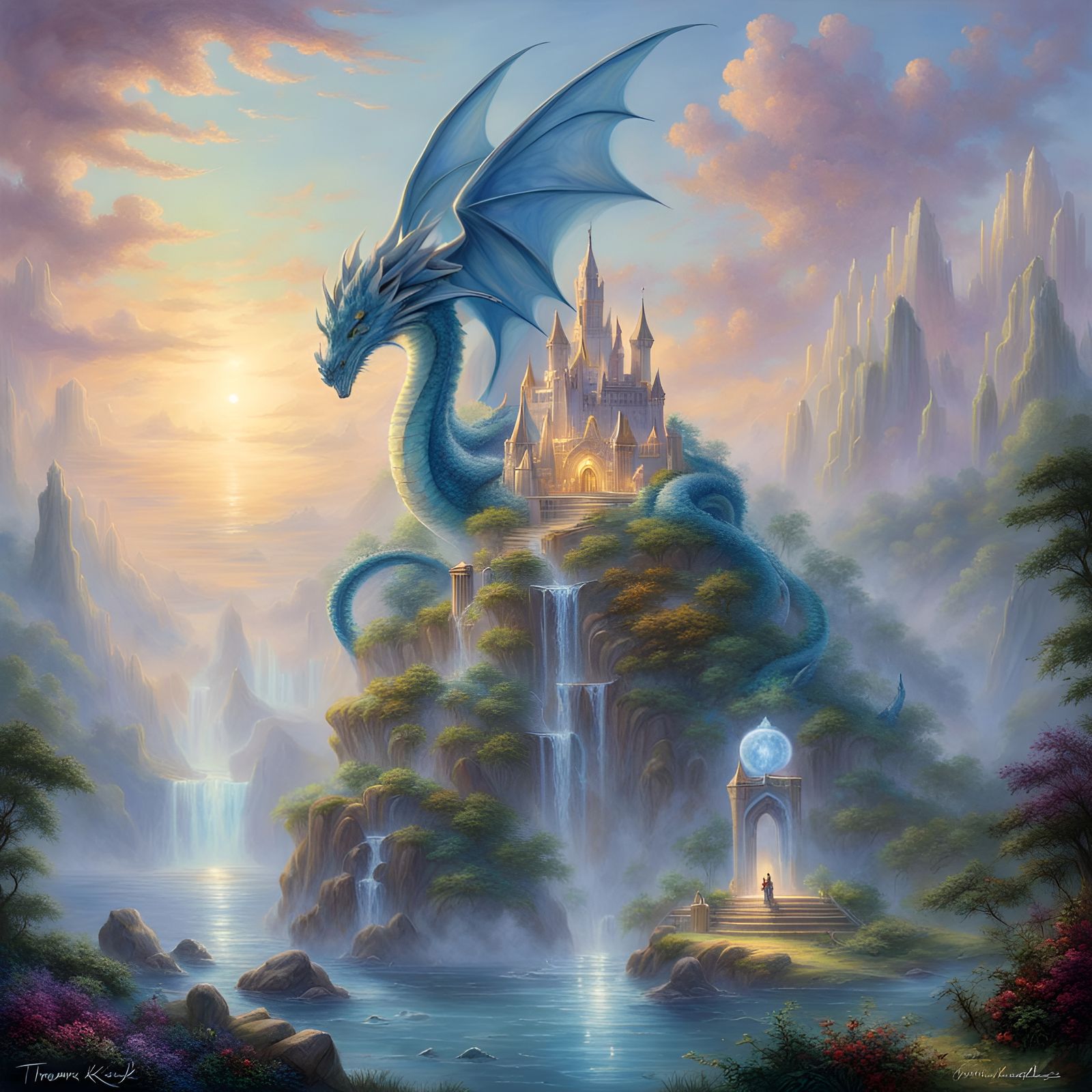 Atlantis Crystal Temple with Dragon in Ethereal Style
