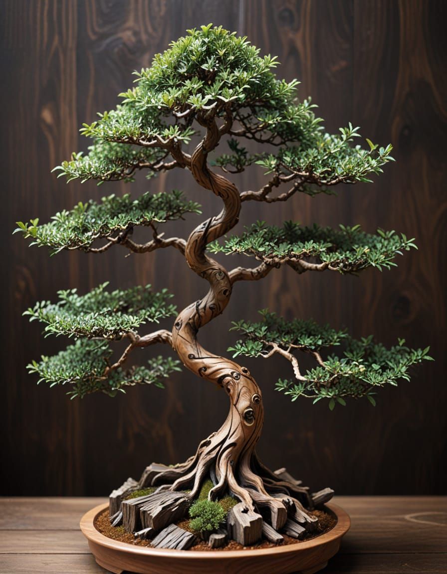 Intricate Wooden Bonsai Tree Sculpture