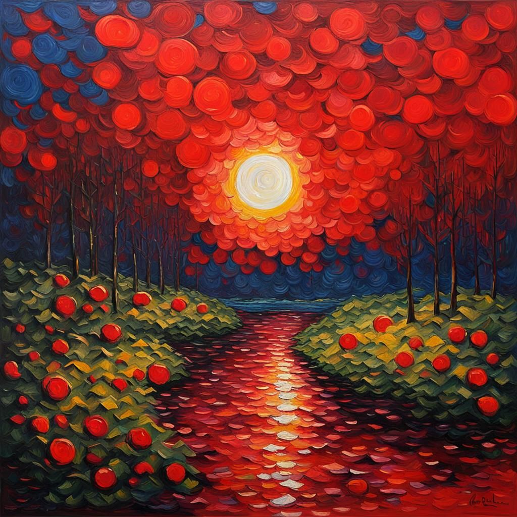 Red Moon in Expressionist Neo-Impressionism Style