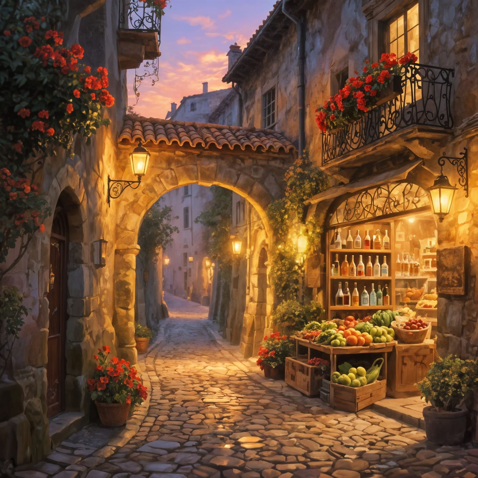 Twilight European Alleyway Digital Painting