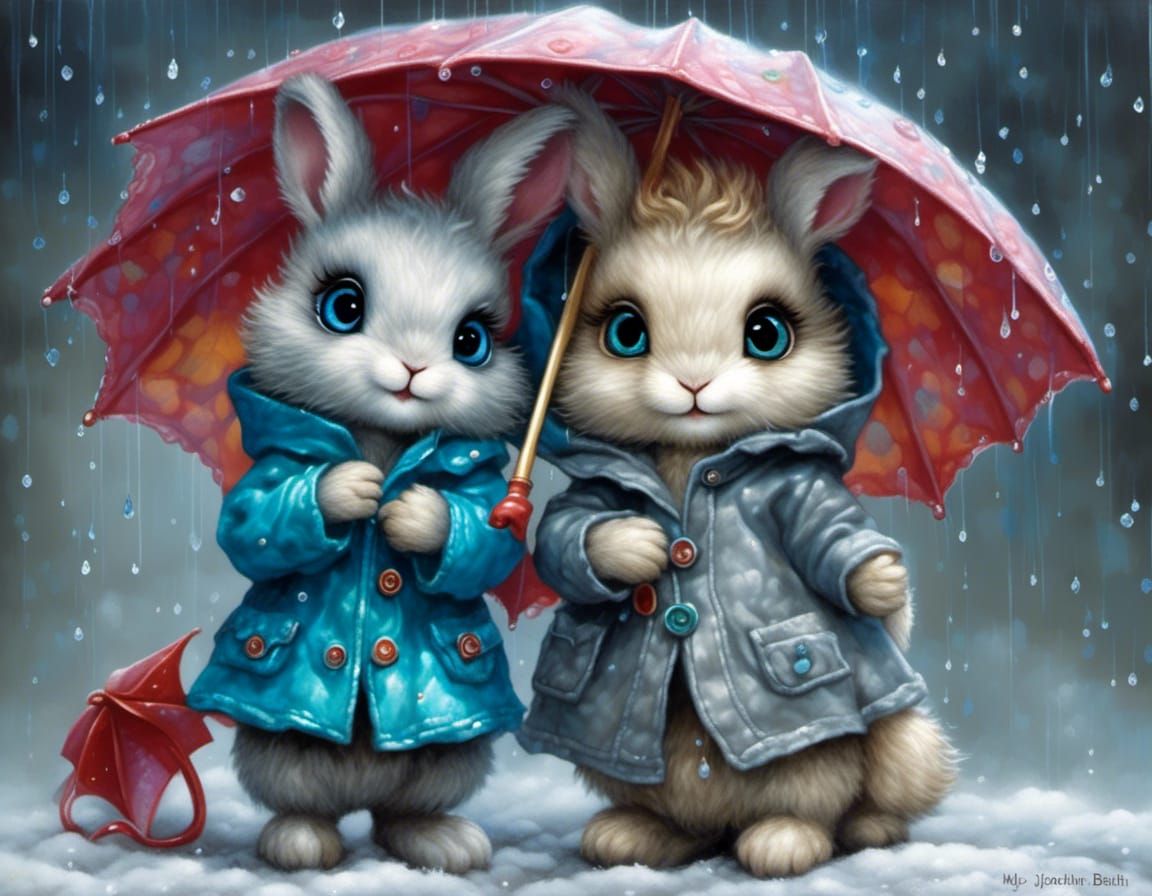 Chibi Rabbits in the Rain